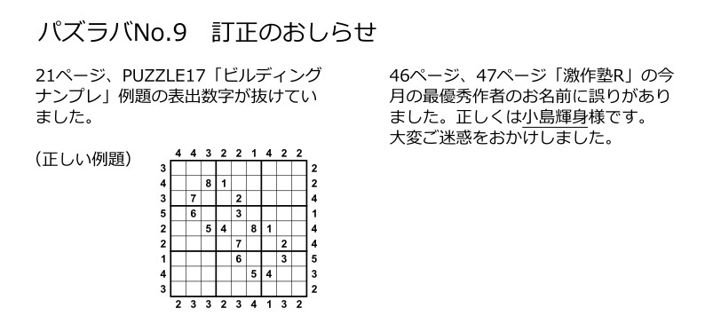 パズラバ9訂正箇所。p.21例題、p.46, 47作者名